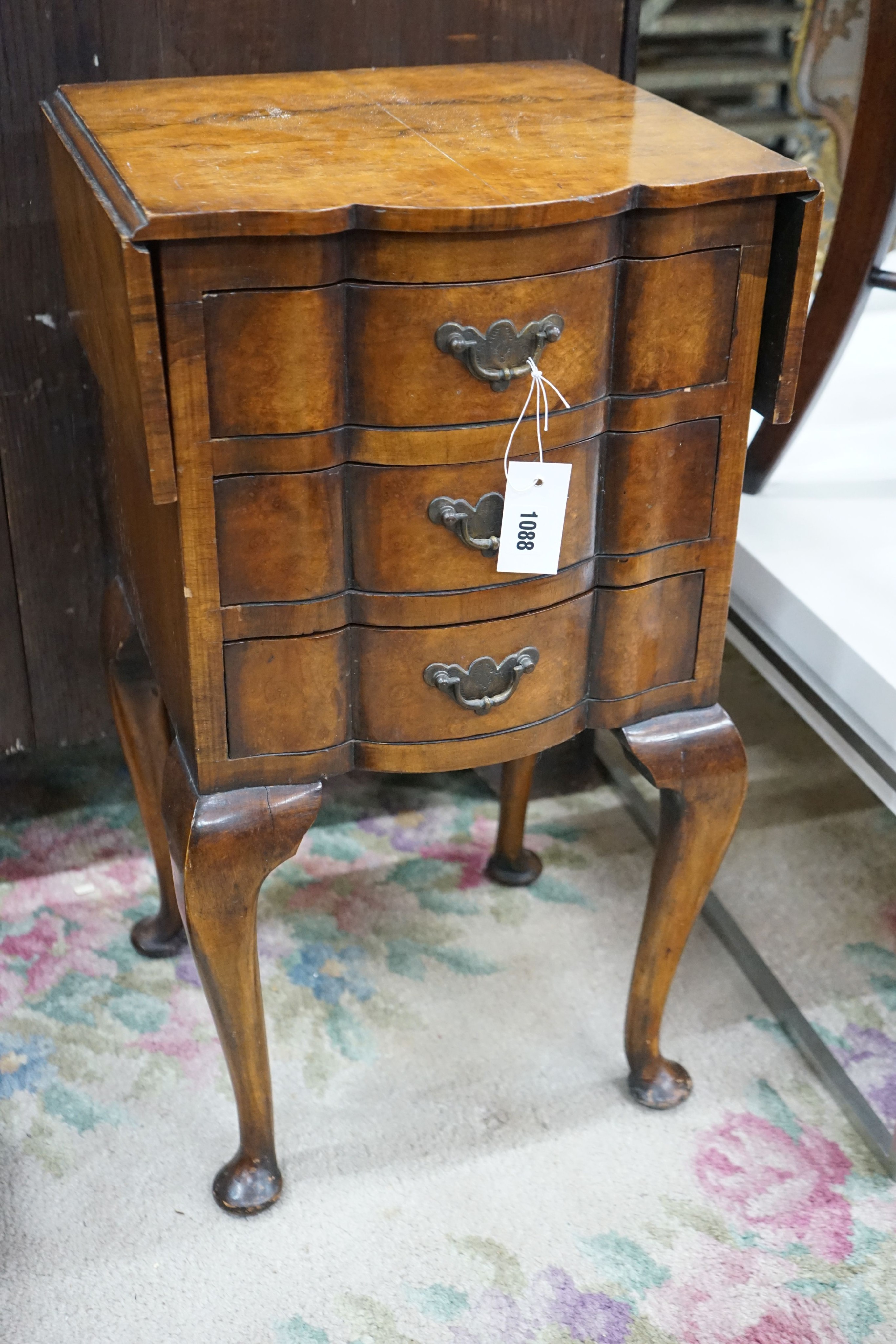 A Queen Anne Revival walnut drop flap bedside chest, width 39cm, depth 35cm, height 71cm